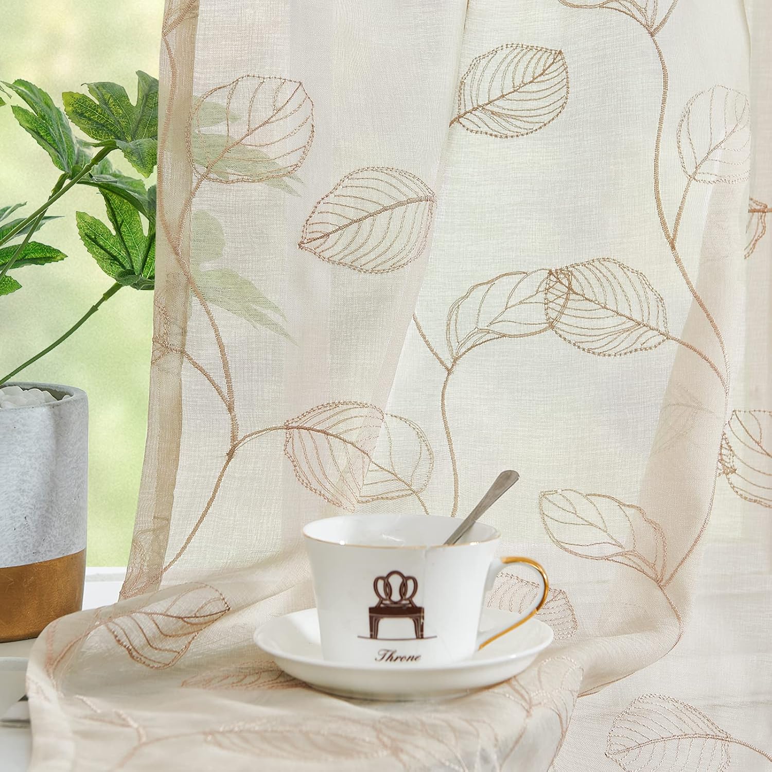 Topick Cortina transparente para puerta con diseño bordado de hojas para puerta de vidrio, panel de puerta francesa, bolsillo para barra, 1 panel de