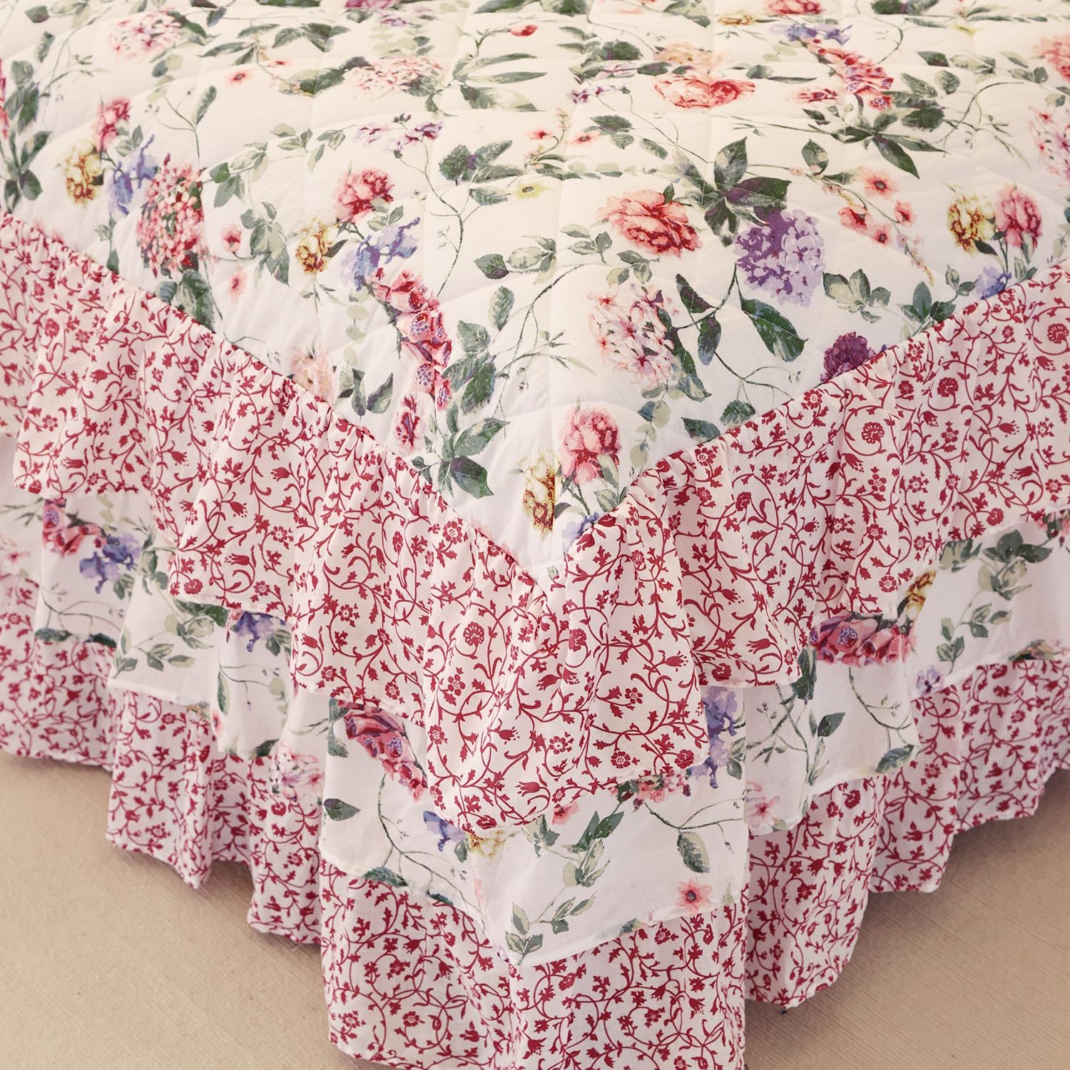 EVENHUG Falda de cama 100% algodón, tamaño matrimonial, con volantes, color rosa, floral, con 2 fundas de almohada de 20 pulgadas, falda de cama de
