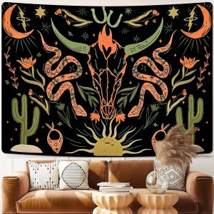 Uspring Tapiz de calavera de vaca, tapiz de serpiente trippy, tapiz estético con plantas florales, cactus y sol, luna, estrellas, tapiz vintage de Uspring Tapiz de calavera de vaca, tapiz de serpiente trippy, tapiz estético con plantas florales, cactus y sol, luna, estrellas, tapiz vintage de