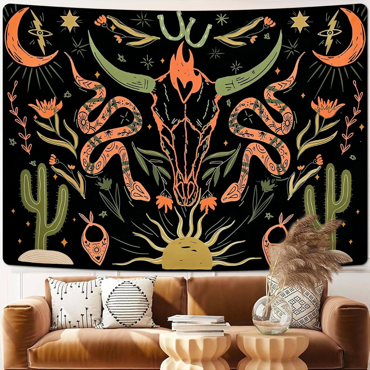 Uspring Tapiz de calavera de vaca, tapiz de serpiente trippy, tapiz estético con plantas florales, cactus y sol, luna, estrellas, tapiz vintage de