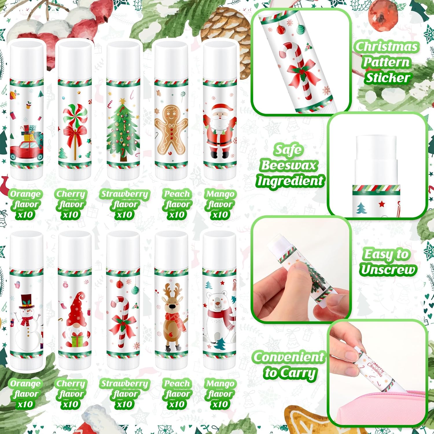 Swiffen Bálsamos labiales de Navidad, 100 unidades de bálsamos hidratantes de labios de frutas a granel, juego de bálsamos para el cuidado de los