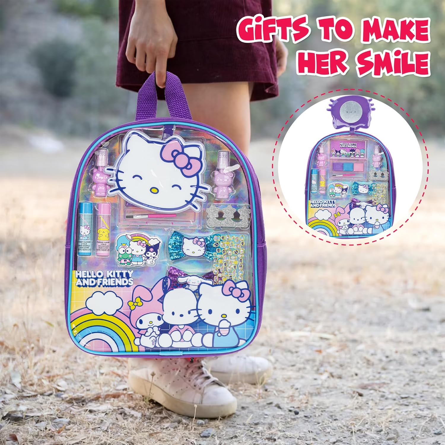 Hello Kitty and Friends – Juego de mochila rellena de maquillaje Townley Girl con 12 piezas, incluye brillo de labios, esmalte de uñas, piedras de