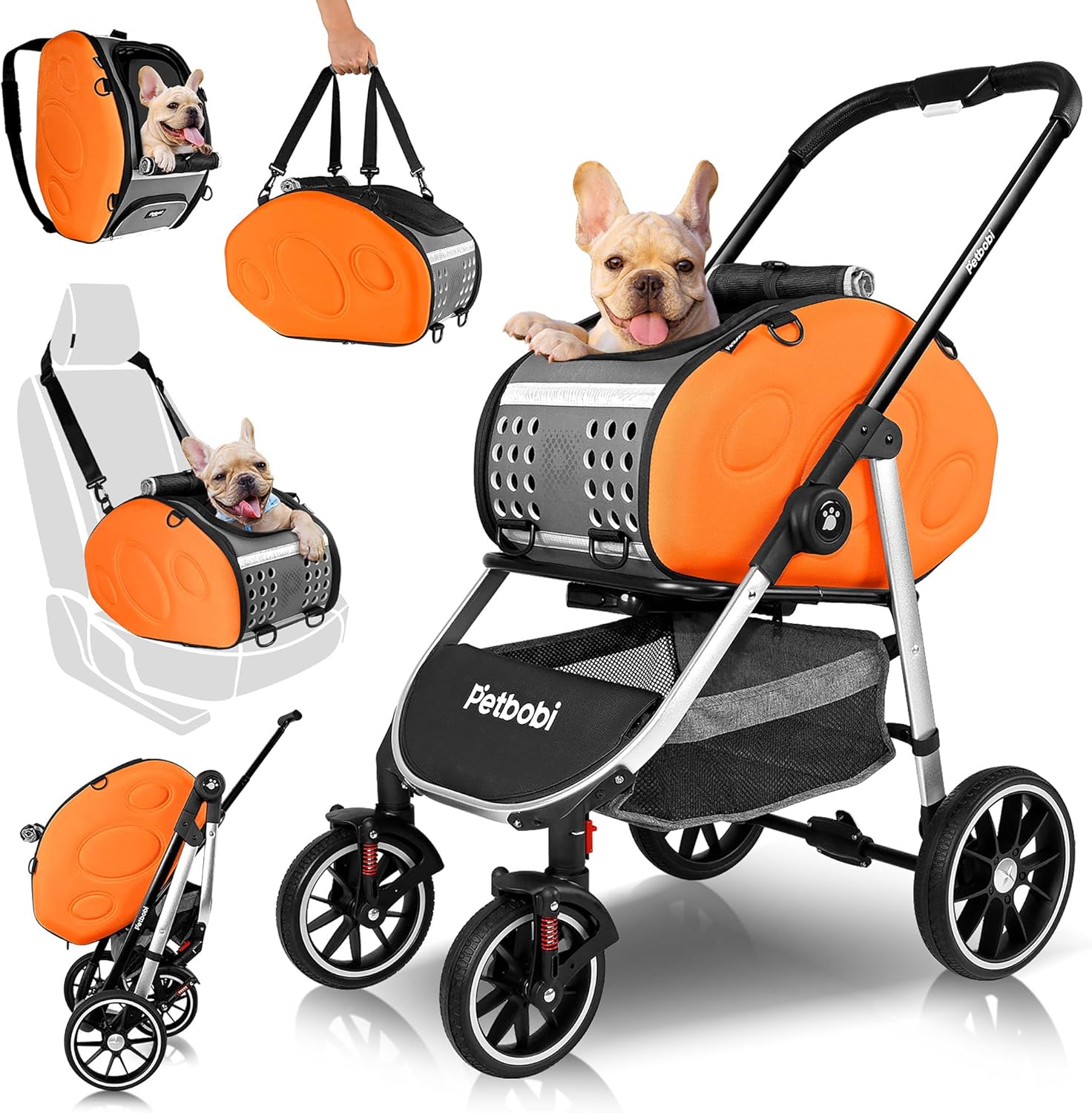 Petbobi Cochecito para perros 5 en 1 con transportador desmontable  Cochecito para mascotas, transportador, mochila, bolso y asiento de coche  Para