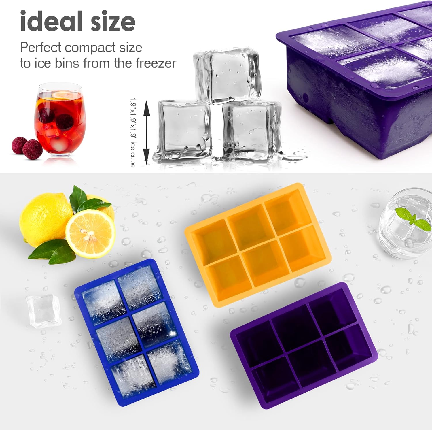Paquete de 3 bandejas para cubitos de hielo, moldes de silicona de gran tamaño con tapas extraíbles, reutilizables y sin BPA para whisky, cóctel,