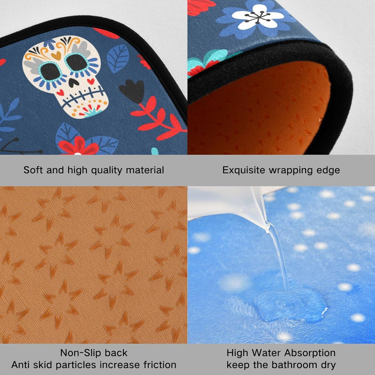 Exnundod Tapetes de cocina con diseño de calaveras mexicanas, diseño de calaveras de flores, alfombra de corredor lavable antideslizante con parte