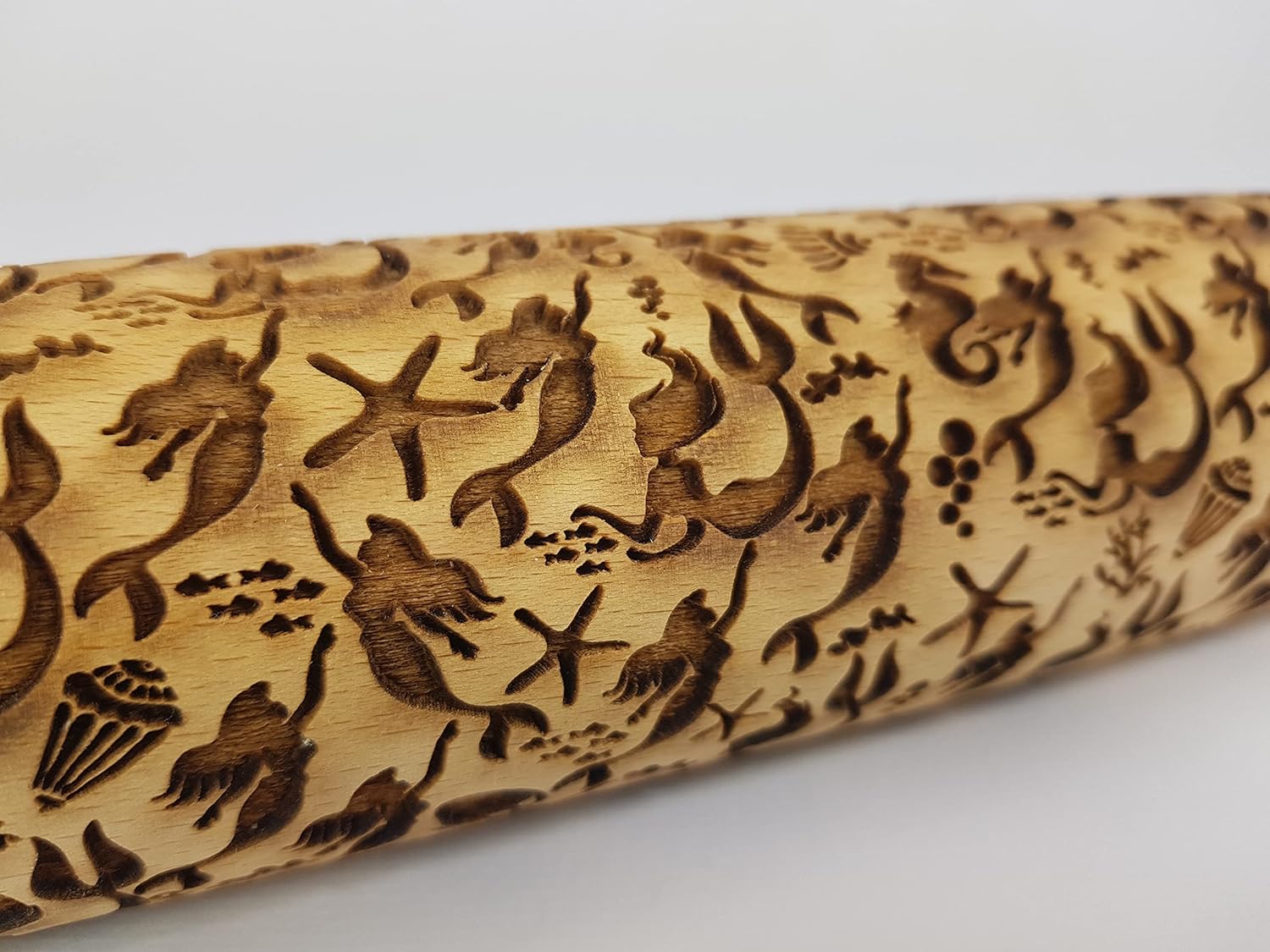 MERMAID Embossing Rolling Pin Laser Engraved Wooden Dough Roller with Ocean Symbols