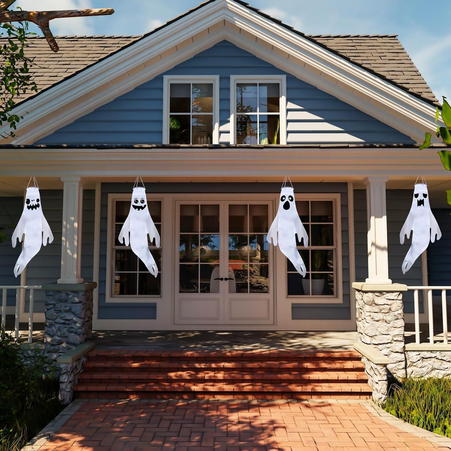 4 turbinas de viento fantasma de Halloween de 45 pulgadas para decoración al aire libre, lindo fantasma con control remoto y cadena de luz LED, 8