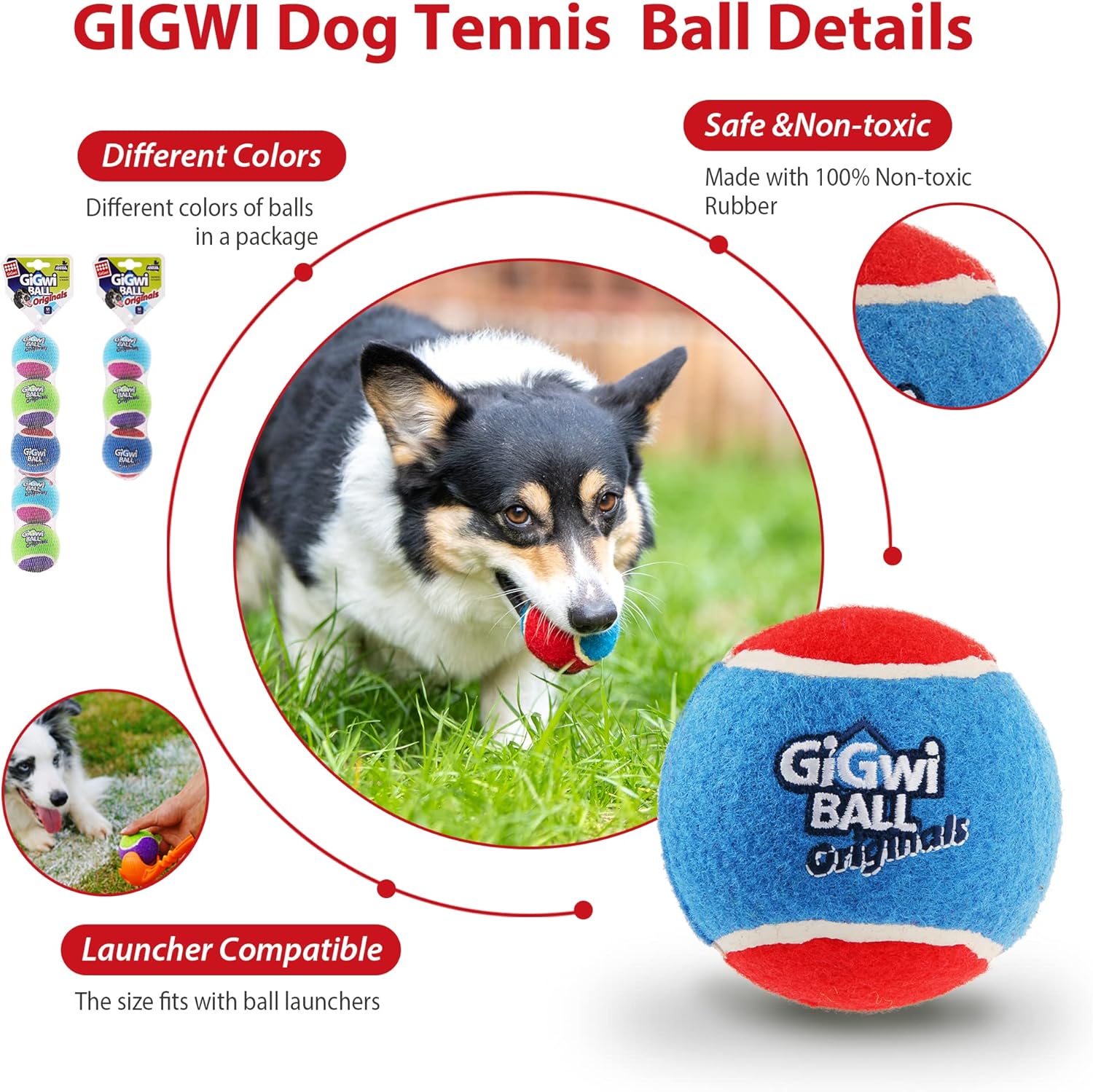 Gigwi Pelota de tenis chirriante para perros, pelota interactiva para perros pequeños y medianos, juguete de goma colorido y de rebote alto de 2.5