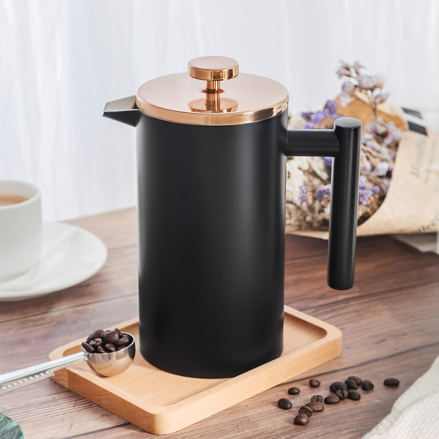 Cafetera francesa Pres de vidrio de 12 onzas y prensa francesa de acero inoxidable, 34 onzas, color negro