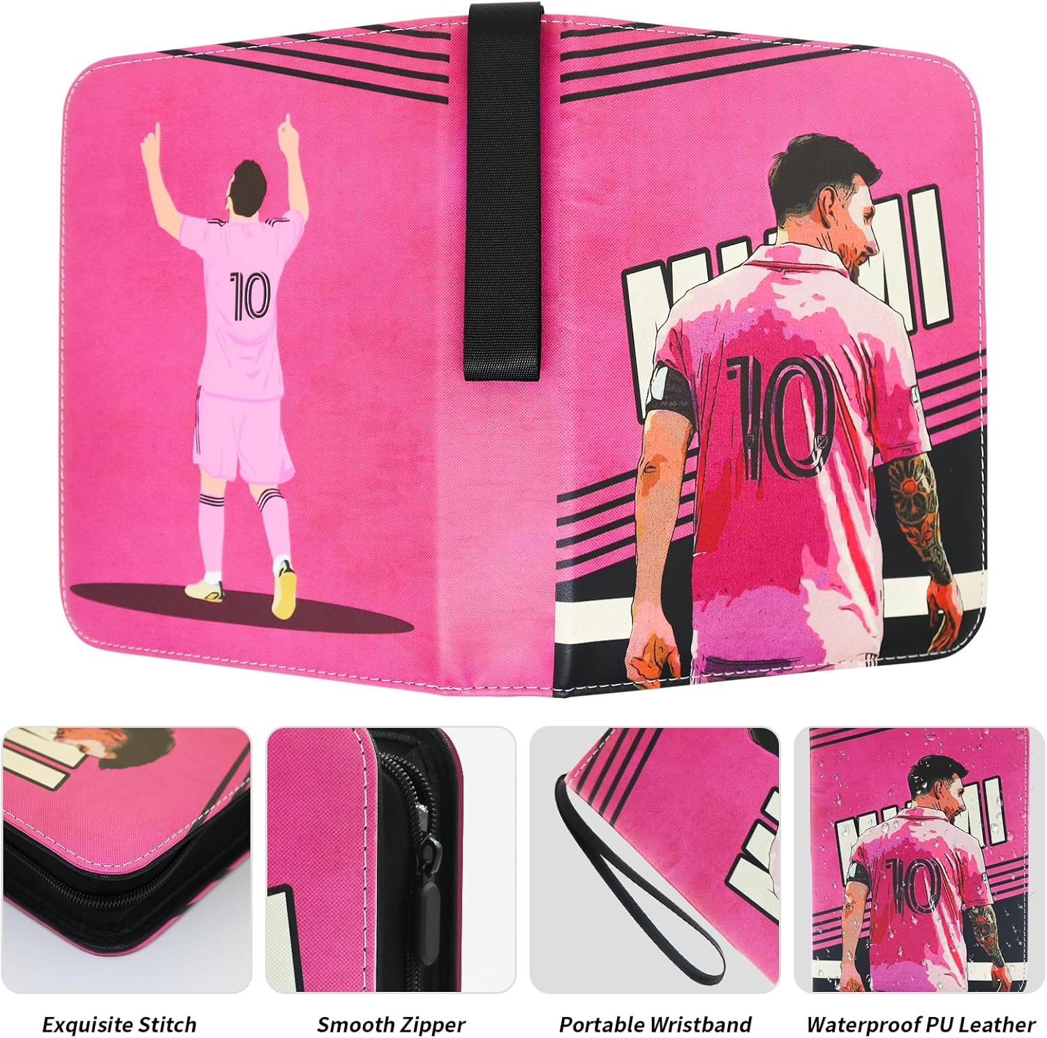 Carpeta de tarjetas de fútbol con 50 fundas extraíbles para 400 tarjetas, 4 bolsillos con cremallera y asa de transporte, carpeta de álbum de