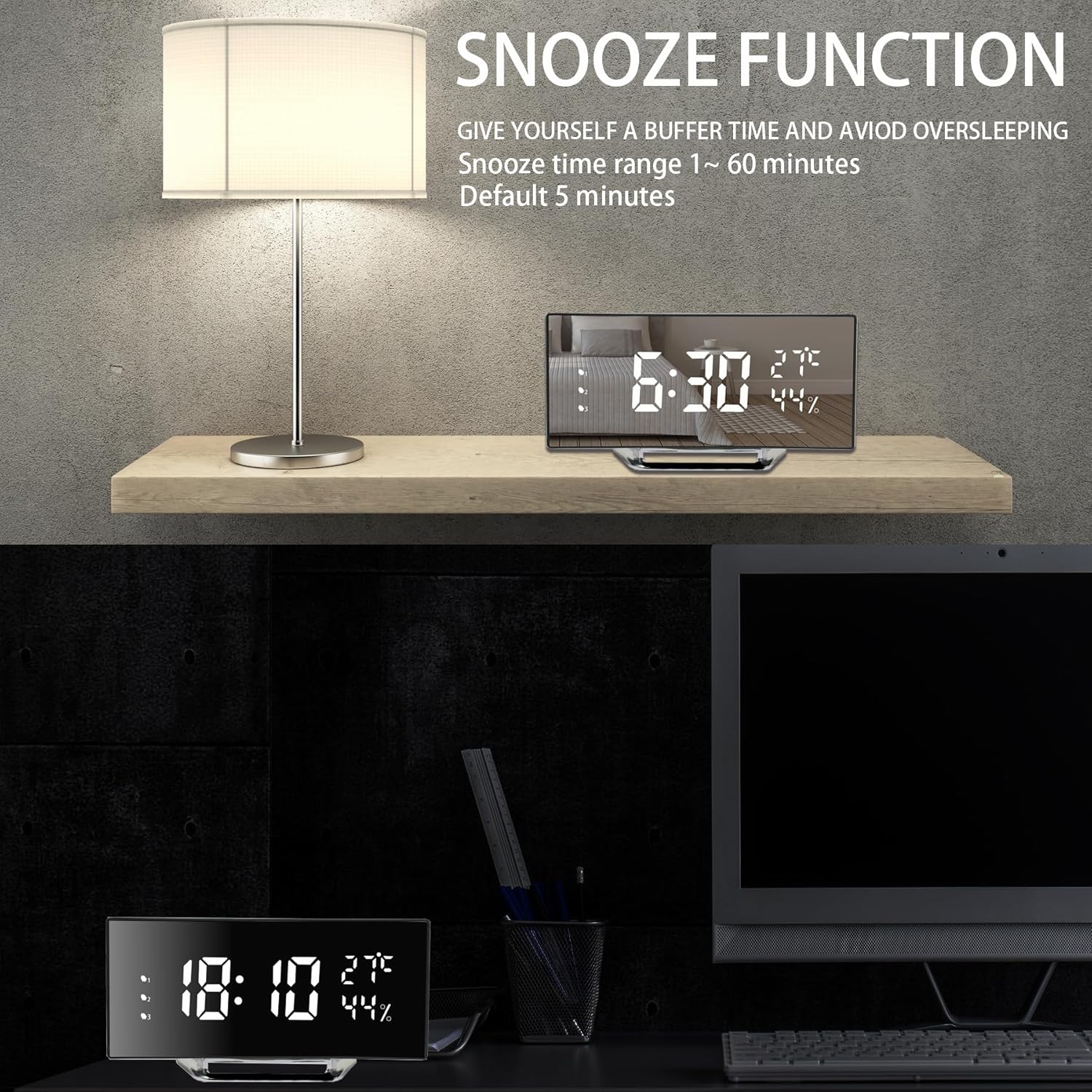 Reloj despertador digital, reloj despertador LED con diseño curvo moderno, 2 niveles de brillo+apagado, 3 alarmas, repetición, fuente de