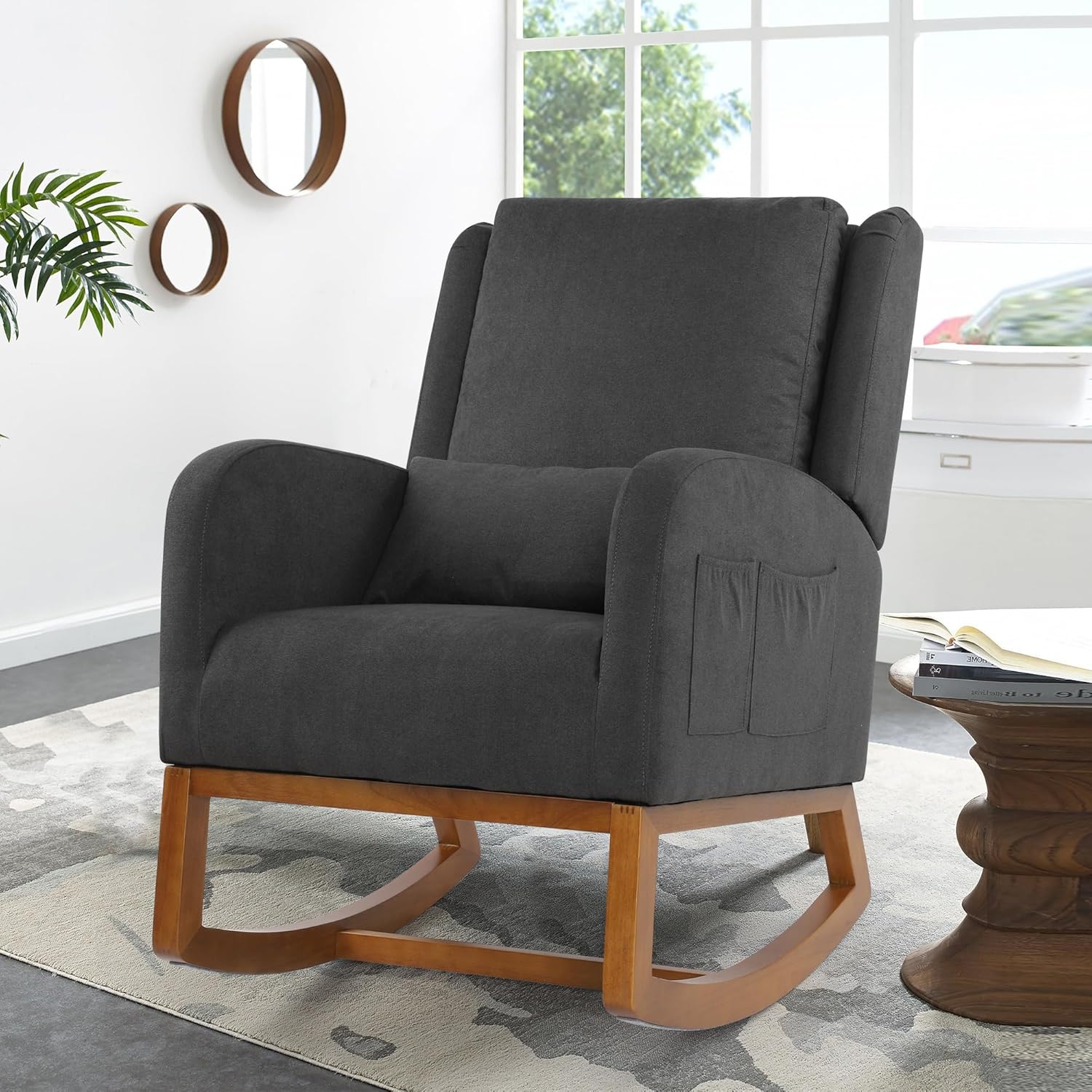 LSSBOUGHT Mecedora para guardería, acogedora silla reclinable con respaldo alto con almohada y patas de madera para sala de estar, dormitorio,