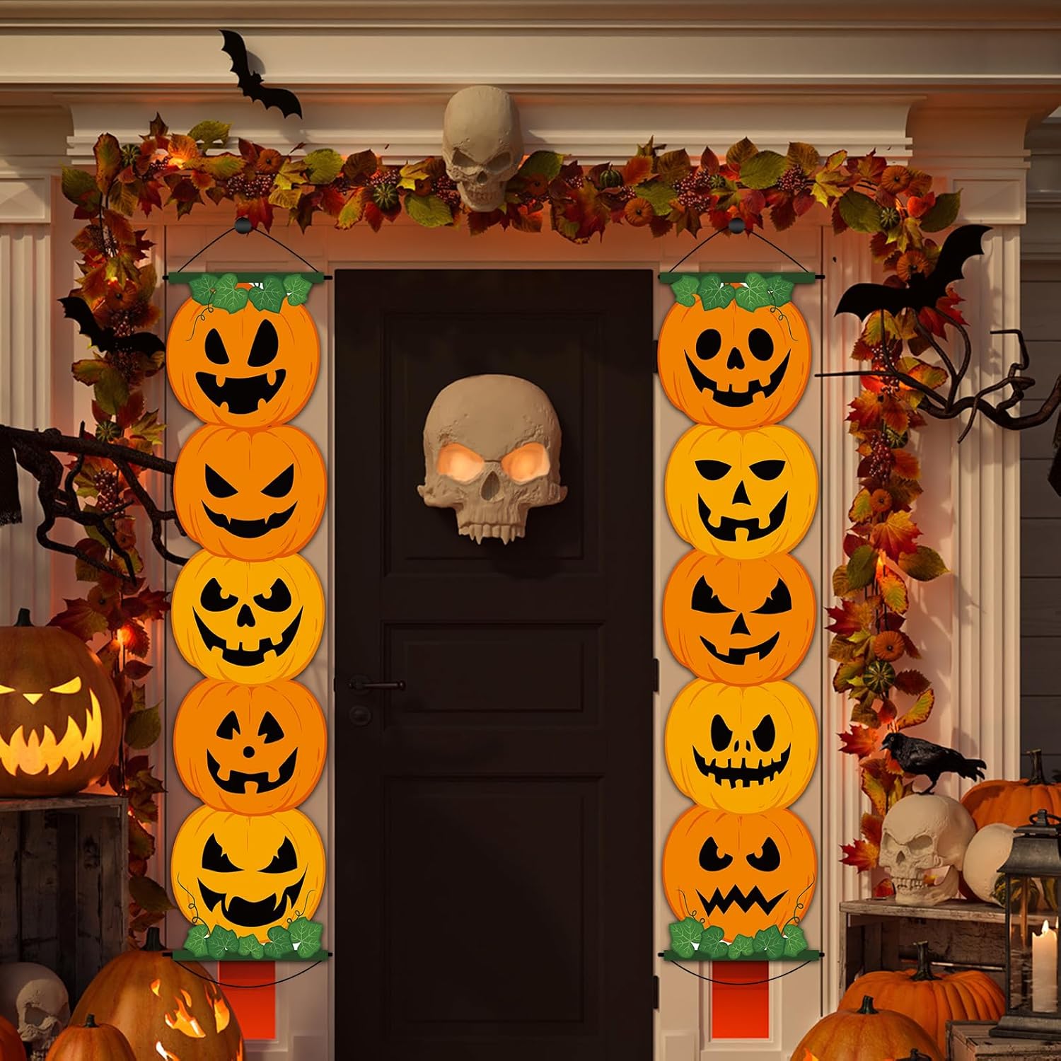 2 carteles de calabaza de Halloween para porche, decoración de fiesta de Halloween, cartel de truco o trato, letrero de puerta colgante de calabaza