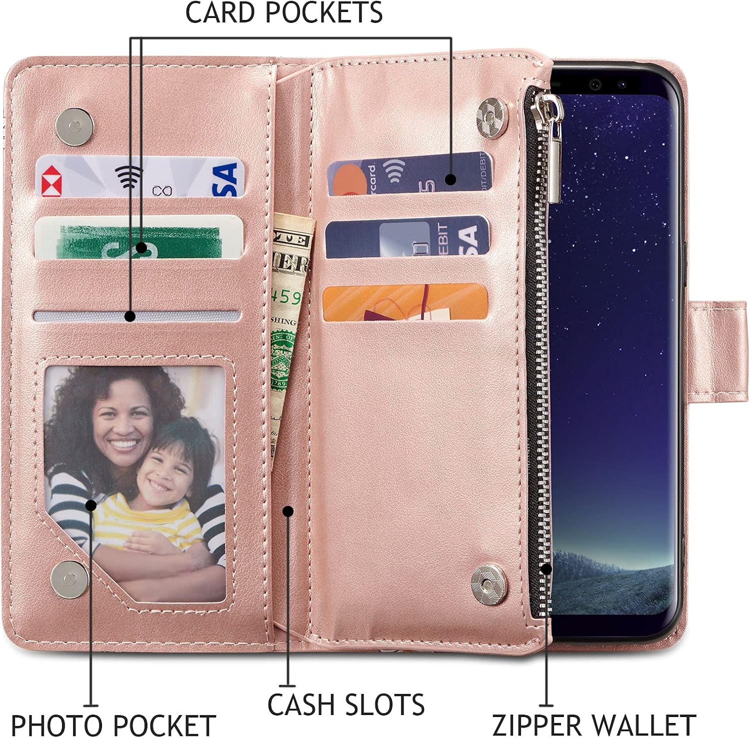 UEEBAI Funda tipo cartera para Samsung Galaxy S9 Plus, funda de piel sintética, cierre magnético, bolsillo con cremallera, ranuras para tarjetas con