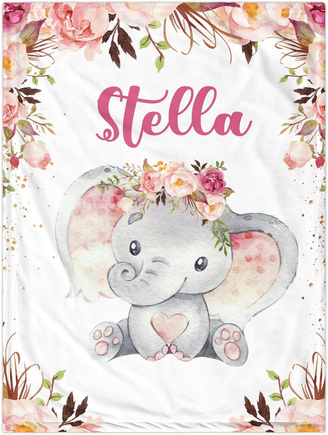 J&SBGFT Manta personalizada para bebé niña, manta de bebé personalizada, manta de envoltura con nombre de niña, mantas de recepción de elefante,