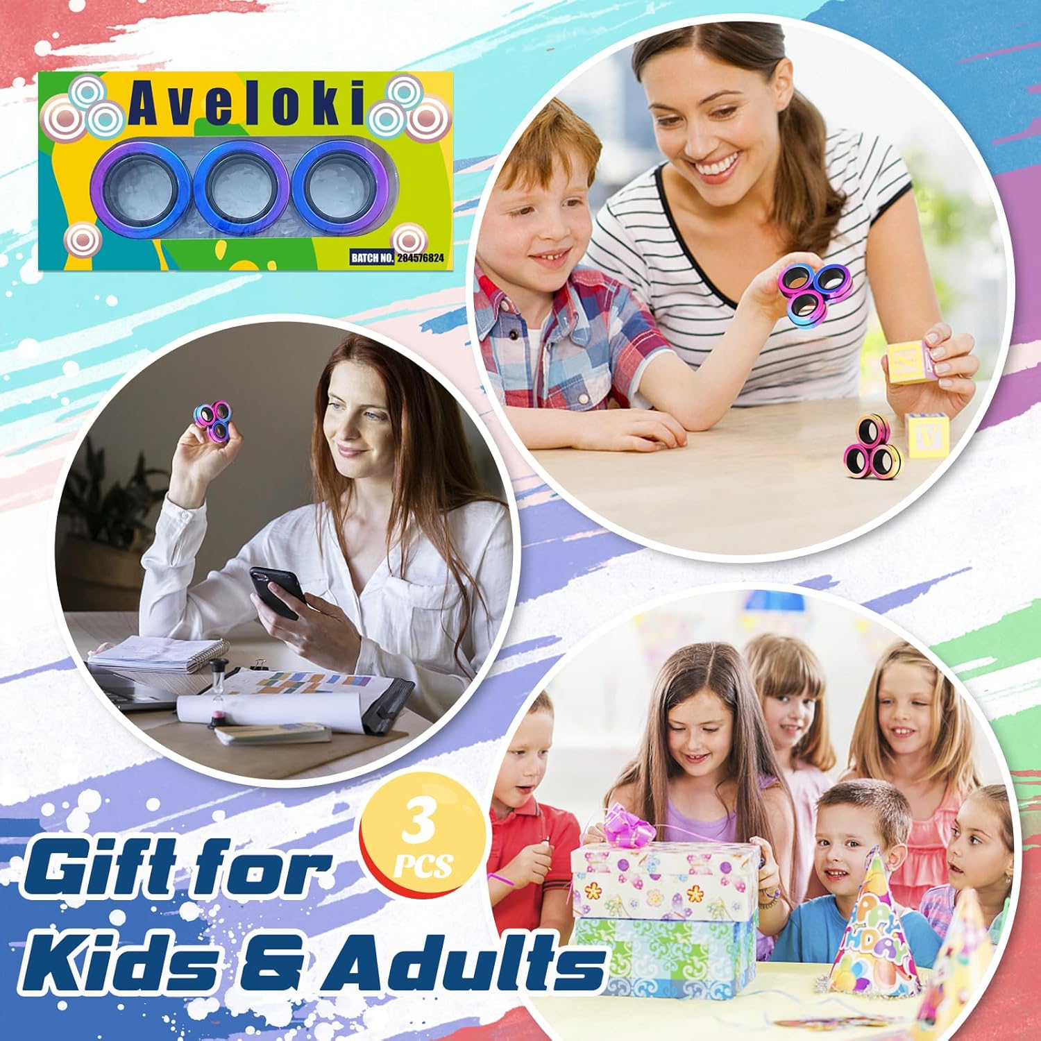 Aveloki Juego de 3 anillos magnéticos para ansiedad, juguetes para aliviar el estrés para TDAH, ansiedad, adultos, adolescentes y niños