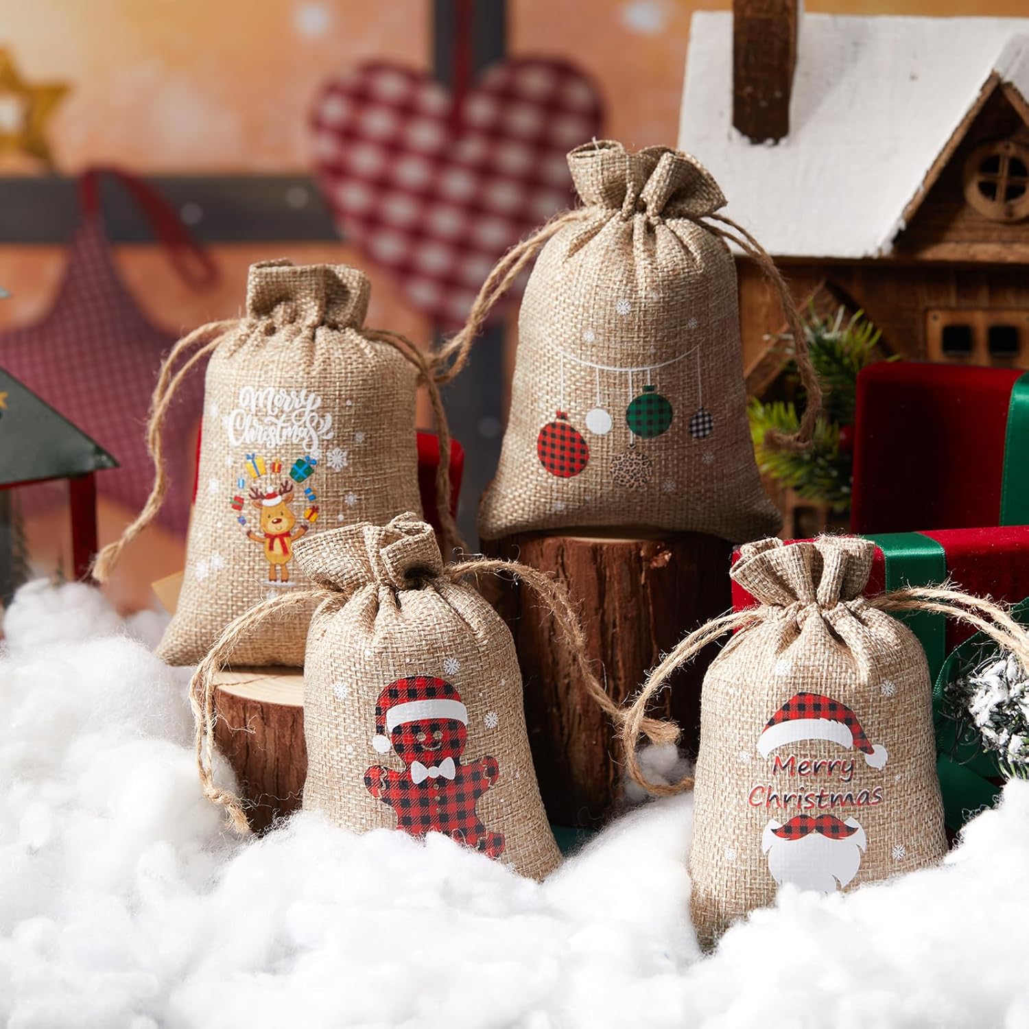 24 bolsas de regalo de Navidad con cordón, bolsa de arpillera de Navidad, bolsa de Navidad de algodón lavable para envoltura de dulces, recuerdos de