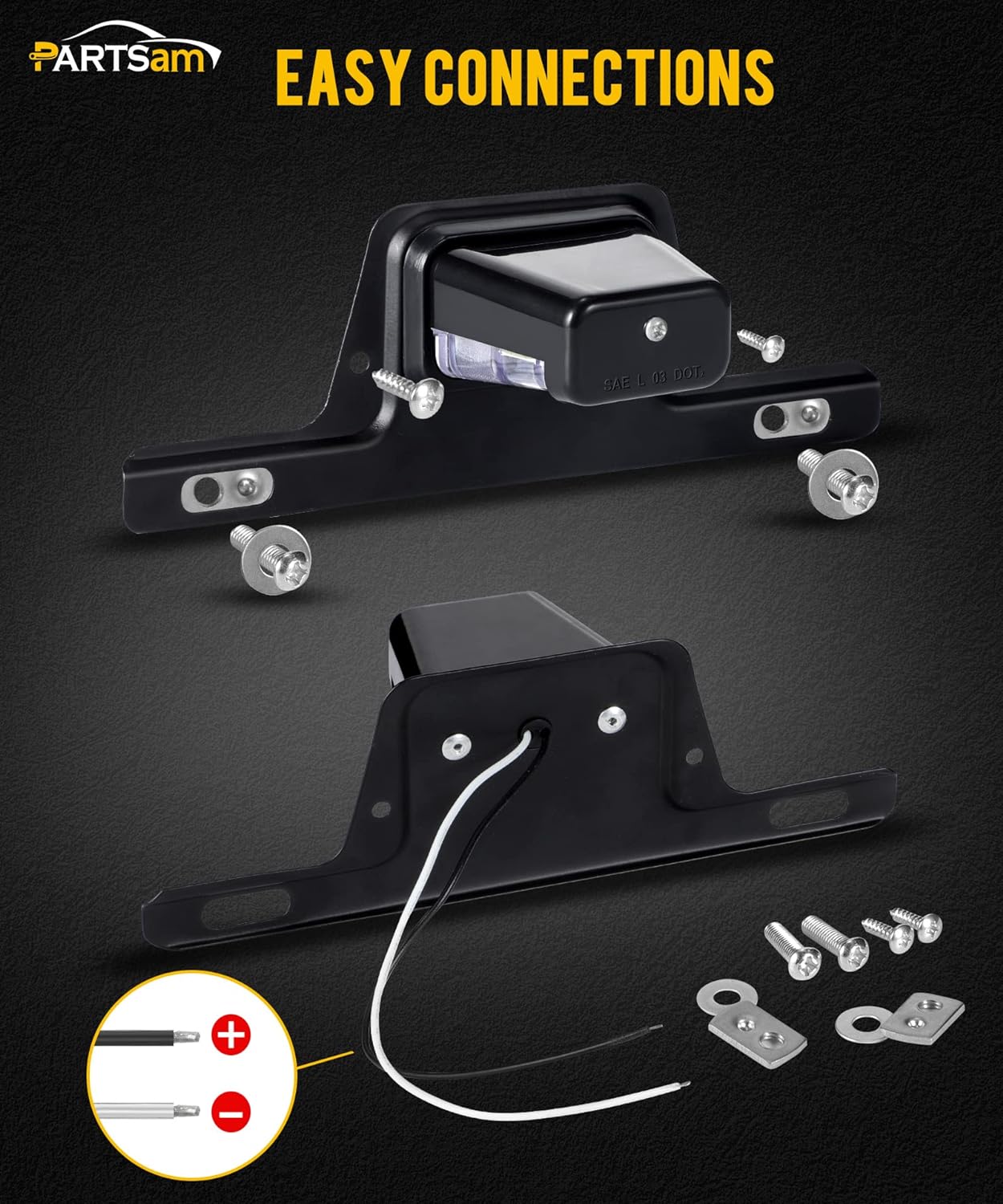 Partsam Luz LED para matrícula, impermeable, 12 V CC, con soporte, orificio de drenaje, soporte de acero, carcasa de ABS, lente de PC para remolque,