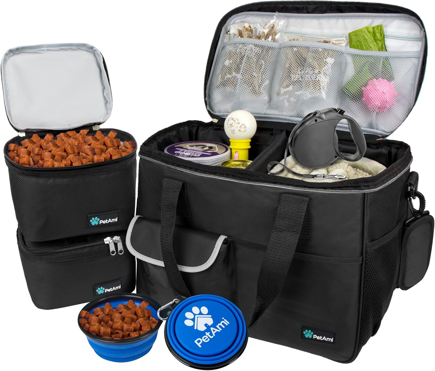 PetAmi Bolsa de viaje para perro, organizador de bolsa con bolsillos multifunción aprobado para aerolíneas, con bolsa contenedora de alimentos y