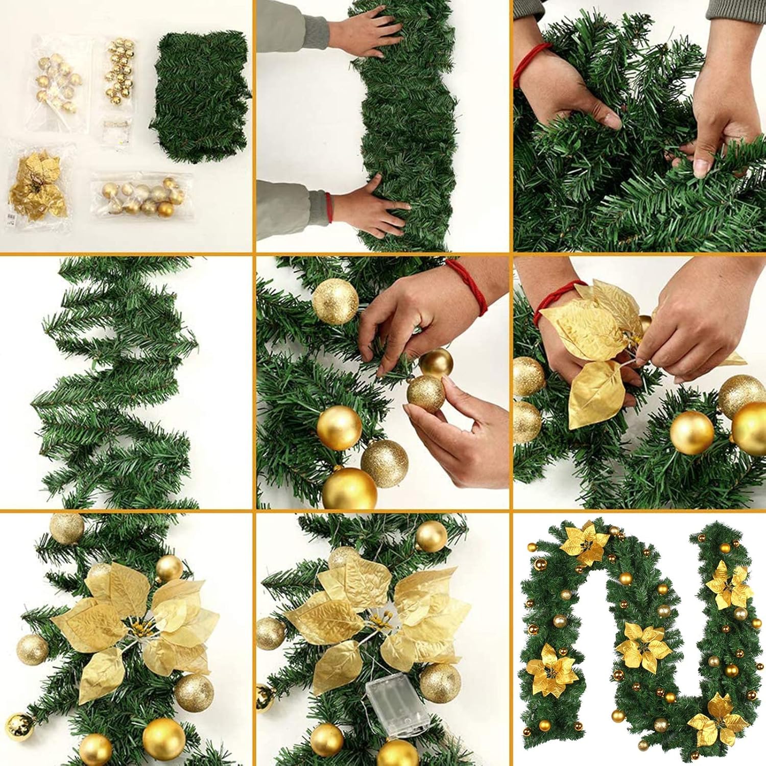 Guirnalda de Navidad de 9 pies, flores artificiales preiluminadas, decoración de guirnalda de Navidad, guirnalda de Navidad a pilas con luces para
