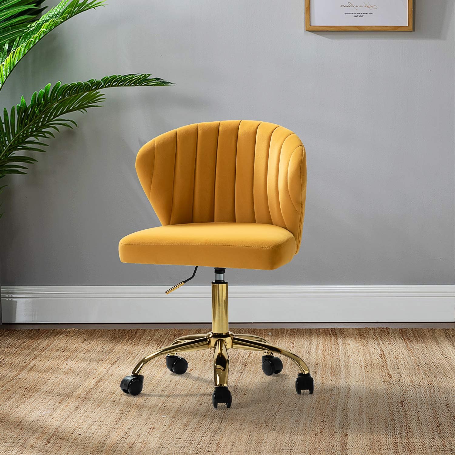 TINA’S HOME Sillas de escritorio de oficina con ruedas y base dorada, moderna silla de oficina sin brazos de terciopelo, silla giratoria ajustable