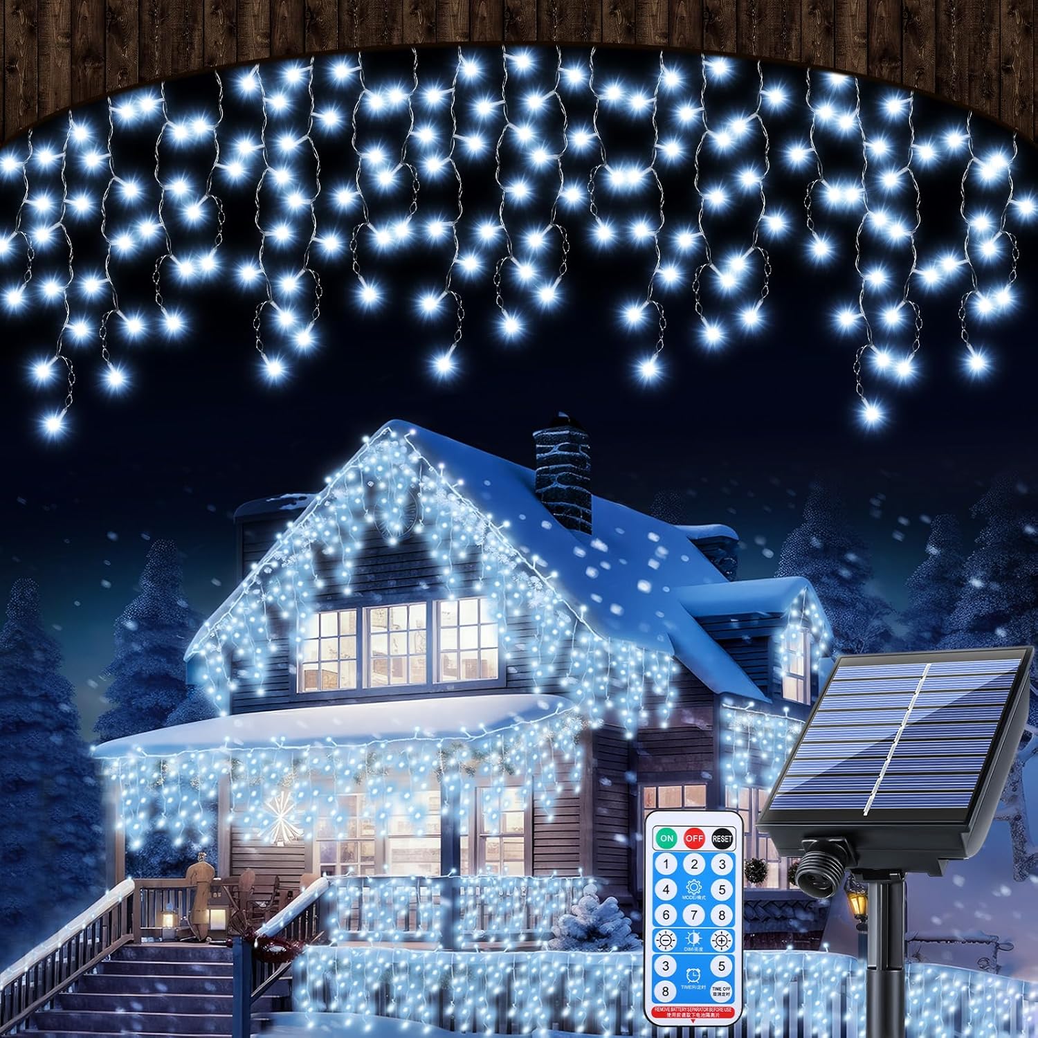 Luces solares de carámbano de invierno, impermeables, decoraciones al aire libre, 600 LED de 49.21 pies, luces blancas frías con 96 gotas, 8 modos