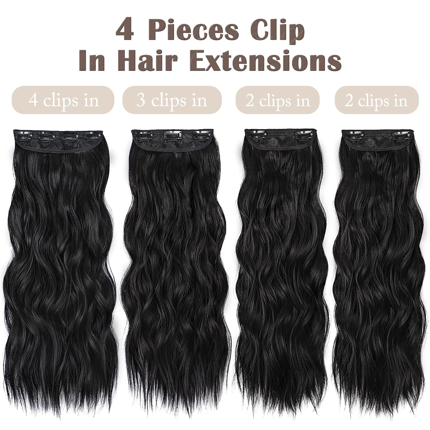 MISSQUEEN Extensión de 20 pulgadas, 4 extensiones de cabello negro natural, extensiones gruesas de doble trama largas onduladas (negro)