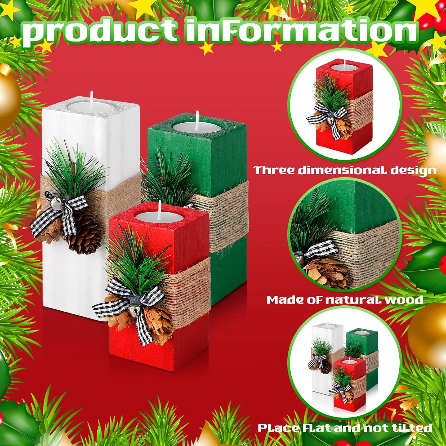 3 portavelas de Navidad con velas de madera, candelabros de Navidad, candelabros de madera votiva roja, blanca y verde, para decoración de centro de