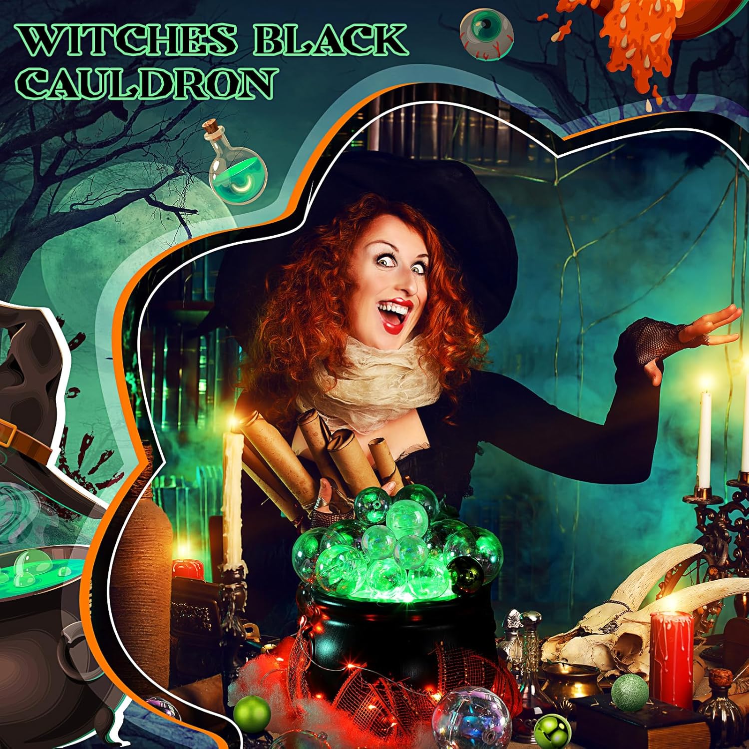 43 piezas de calderos de Halloween, caldero de plástico negro de 7.9 pulgadas con asa, adornos de bolas, algodón artificial, tira de luces y