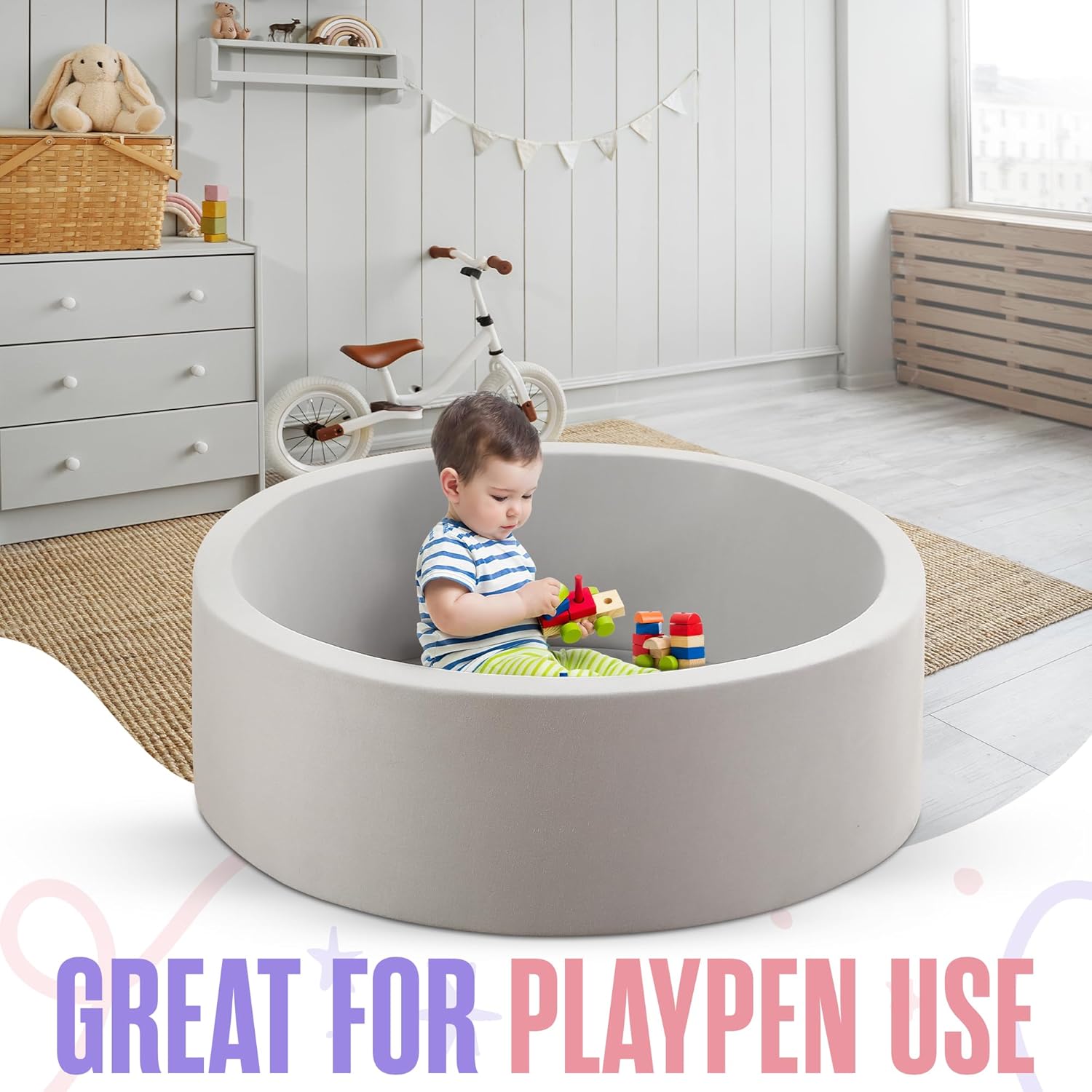 Houseables Piscina de bolas de espuma, ballpit interior, equipo de juego suave, 35.4 x 11.8 pulgadas, gris, redondo, cubierta extraíble, corralito