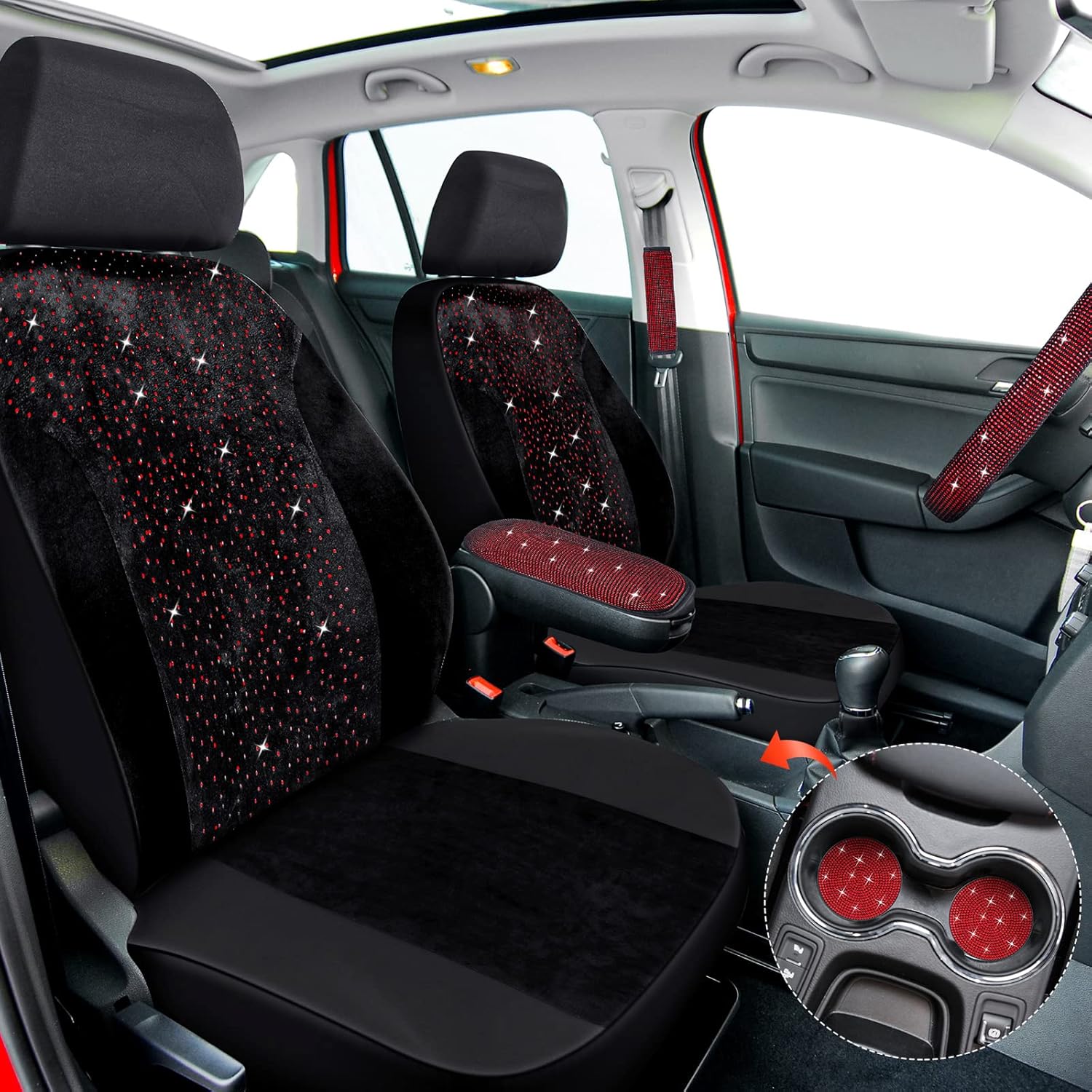 Juego completo de 15 fundas de asiento de automóvil de tela de terciopelo brillante, accesorios de automóvil negros para mujeres, funda de volante