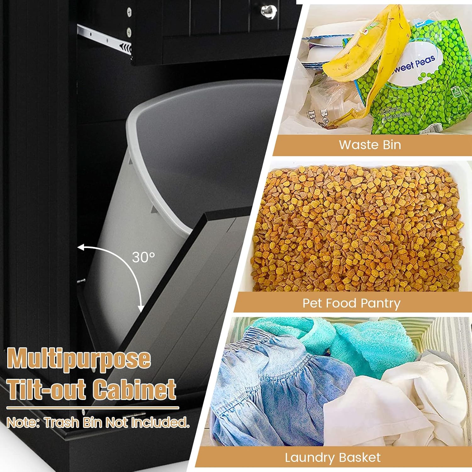 Armario de basura inclinable, isla de cocina con 2 cajones y estante ajustable, encimera de madera de goma, cesta de lavandería independiente,