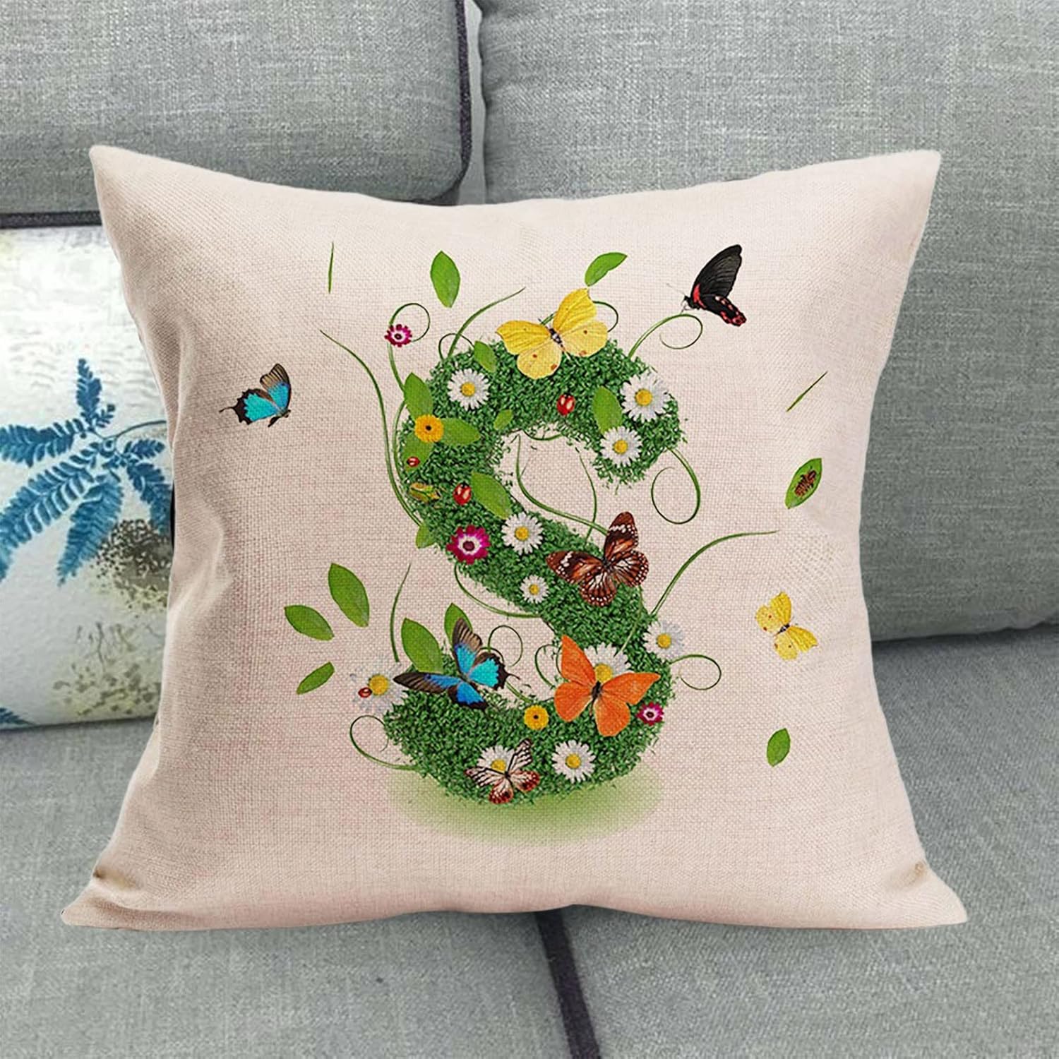 Fundas de almohada de 18 x 18 pulgadas, fundas de almohada de verano para exteriores, diseño de pétalos de hierba, monograma, letras del alfabeto