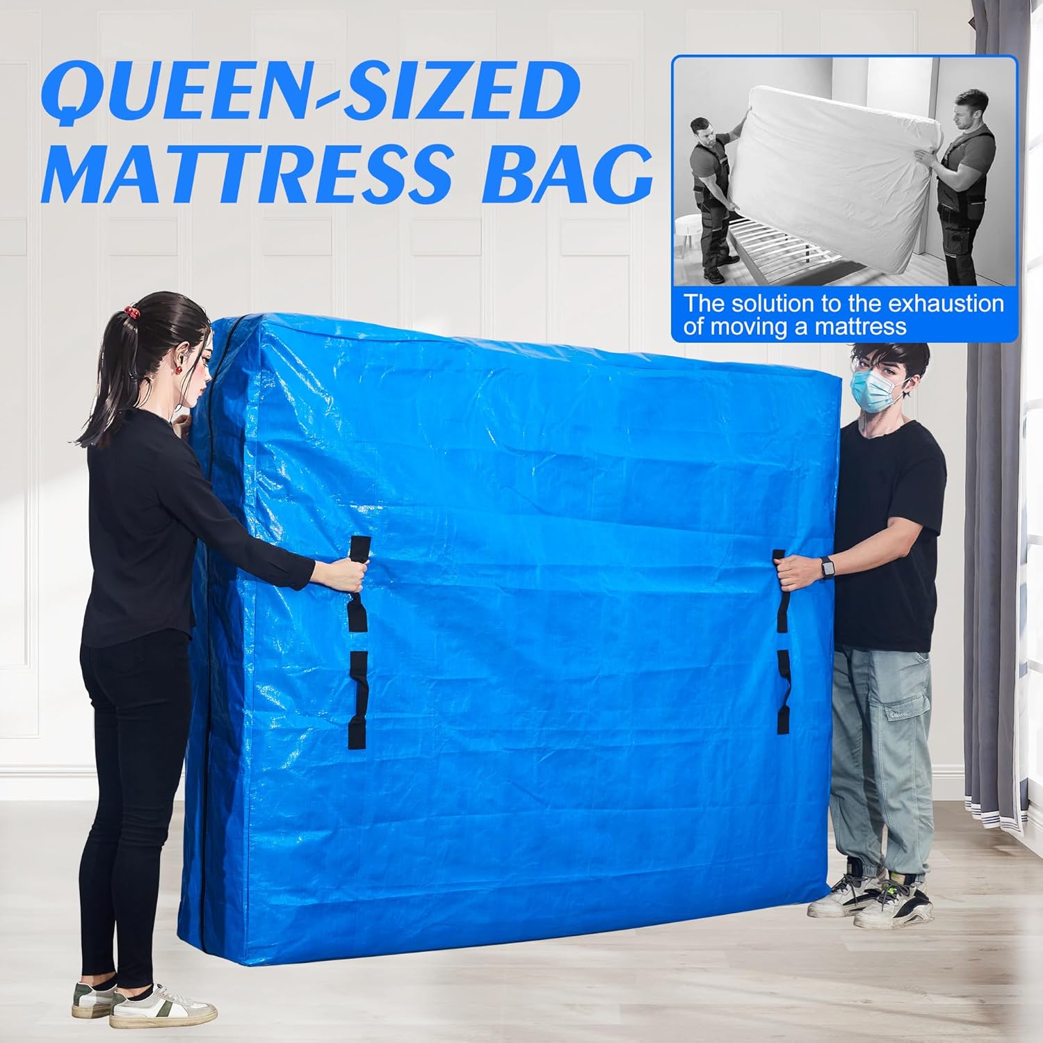 Funda de colchón para mudanzas tamaño Queen, paquete de 2, bolsa de colchón para mudanza y almacenamiento con 8 asas, cierre de cremallera doble,