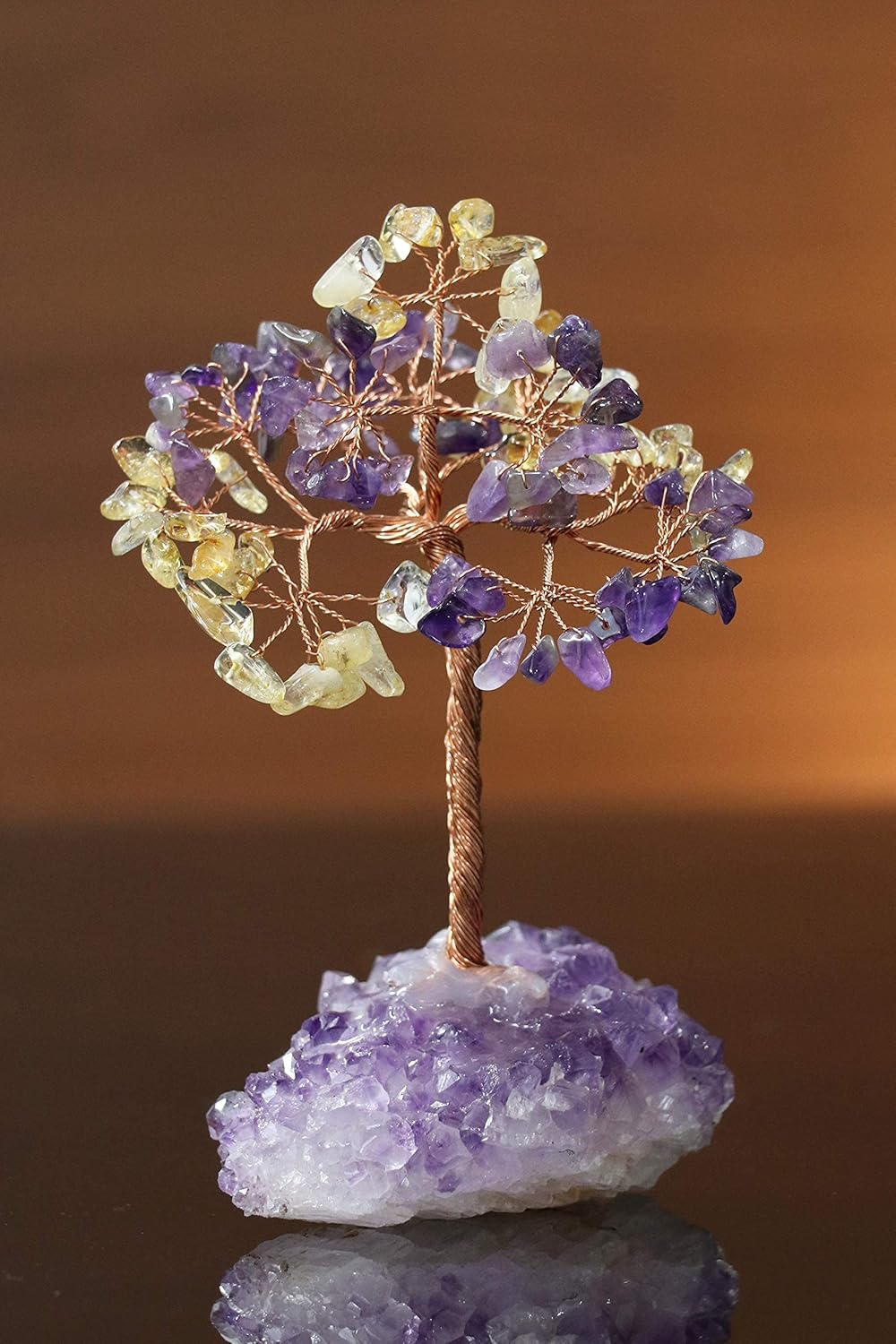 Árbol de la vida con piedras preciosas de amatista, citrina, base amatista natural, alambre de cobre bonsái de energía positiva, feng shui, dinero,