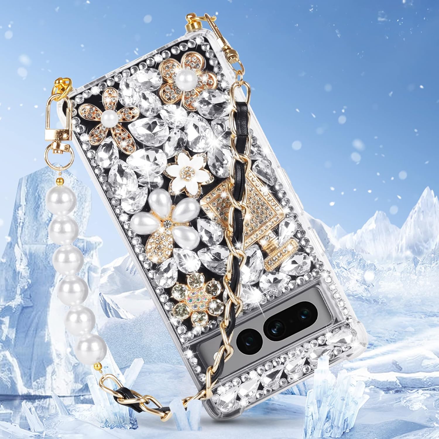 Leiju Case Funda para Google Pixel 7 con diseño de correa con purpurina, 3D hecha a mano con piedras brillantes de cristal y diamantes brillantes