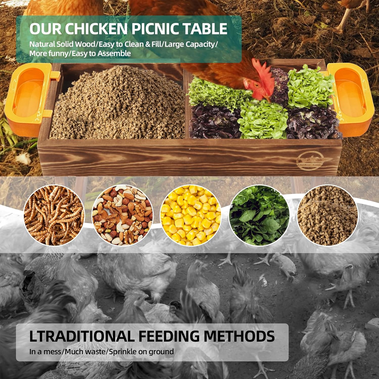 Mesa de picnic de pollo, comedero de pollo sin desperdicios hecho a mano de madera carbonizada, kit grande de comedero de pollo para bricolaje,