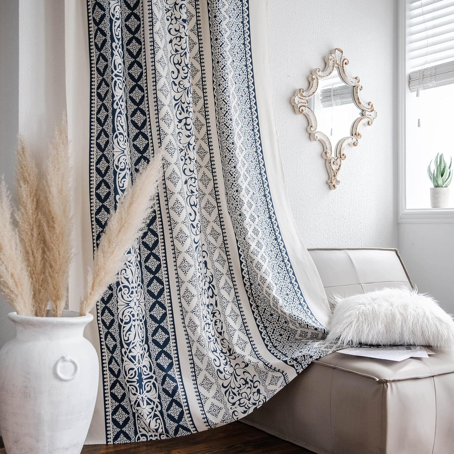VOGOL Cortinas bohemias con estampado geométrico, 59 x 63 pulgadas, filtrado de luz, lino y algodón, cortinas decorativas para ventana para sala de
