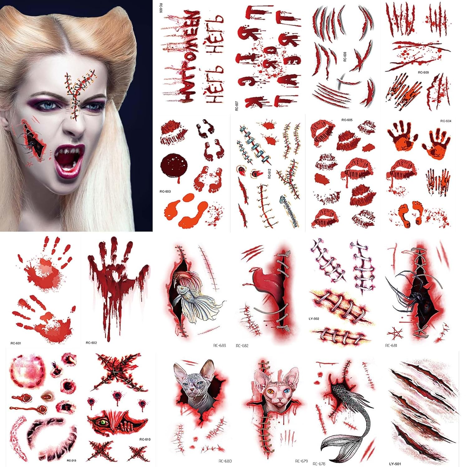 20 piezas de tatuajes temporales realistas para hombres y mujeres, cicatriz de herida sanguinaria, cicatriz de terror, zombi, Halloween, mascarada,