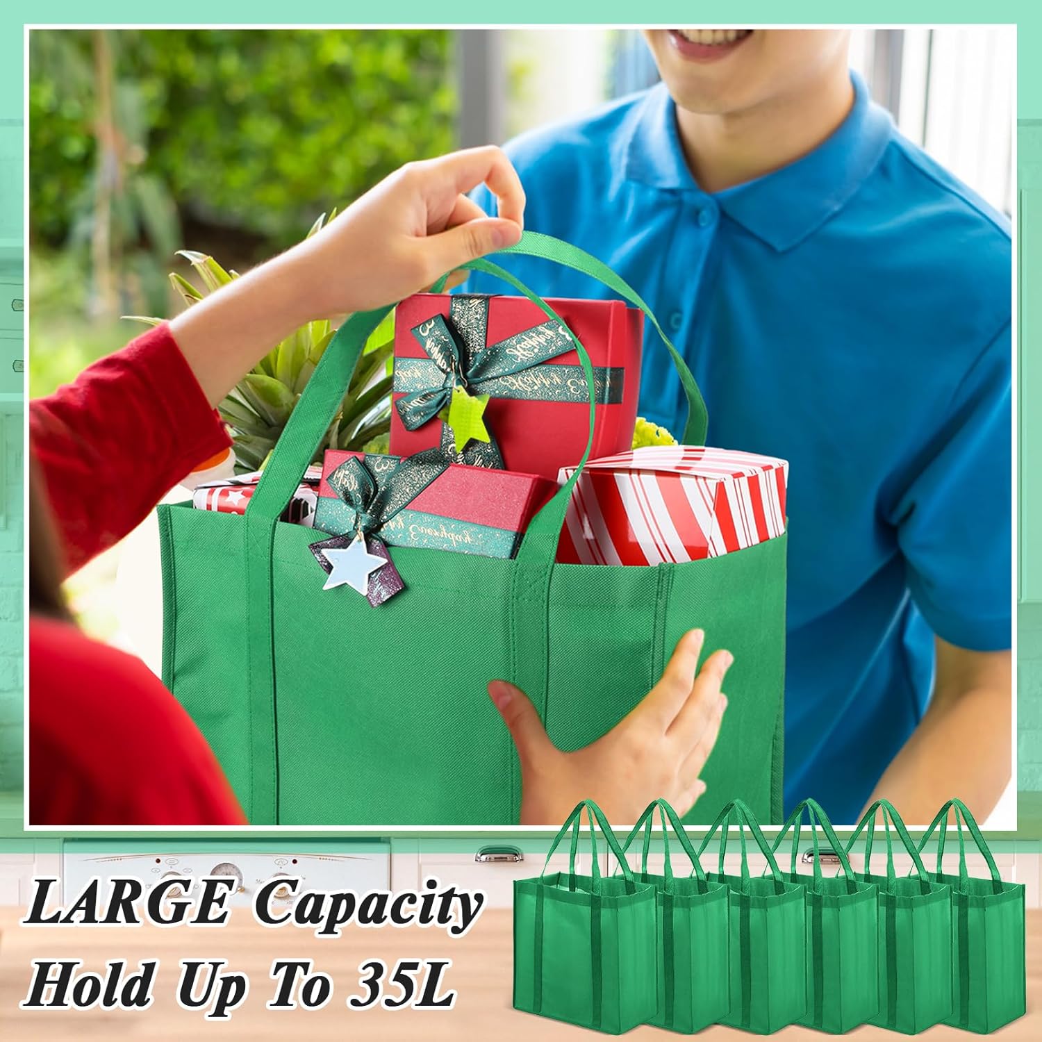 20 bolsas de comestibles reutilizables con asas reforzadas, bolsas de compras grandes y resistentes, bolsas de Navidad