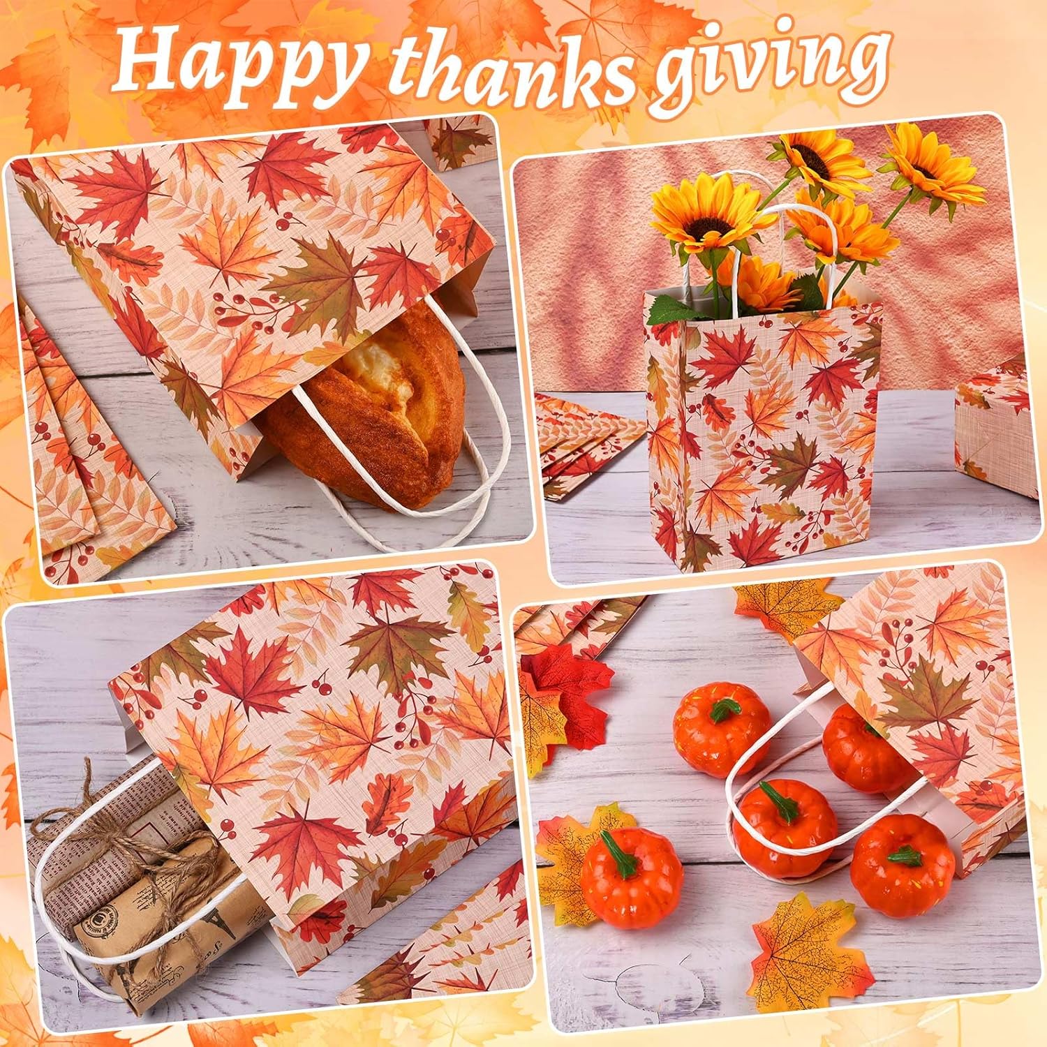 16 bolsas de fiesta de hojas de otoño, bolsas de regalo de otoño, bolsas de papel, elementos de diseño, bolsas de regalo con asas para fiestas de