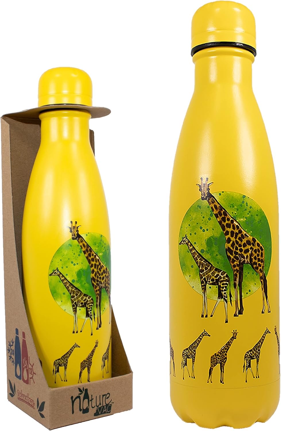 NatureVac Giraffe – Botella de agua de acero inoxidable con aislamiento térmico de 17 onzas, la bebida se mantiene caliente durante 12 horas y fría