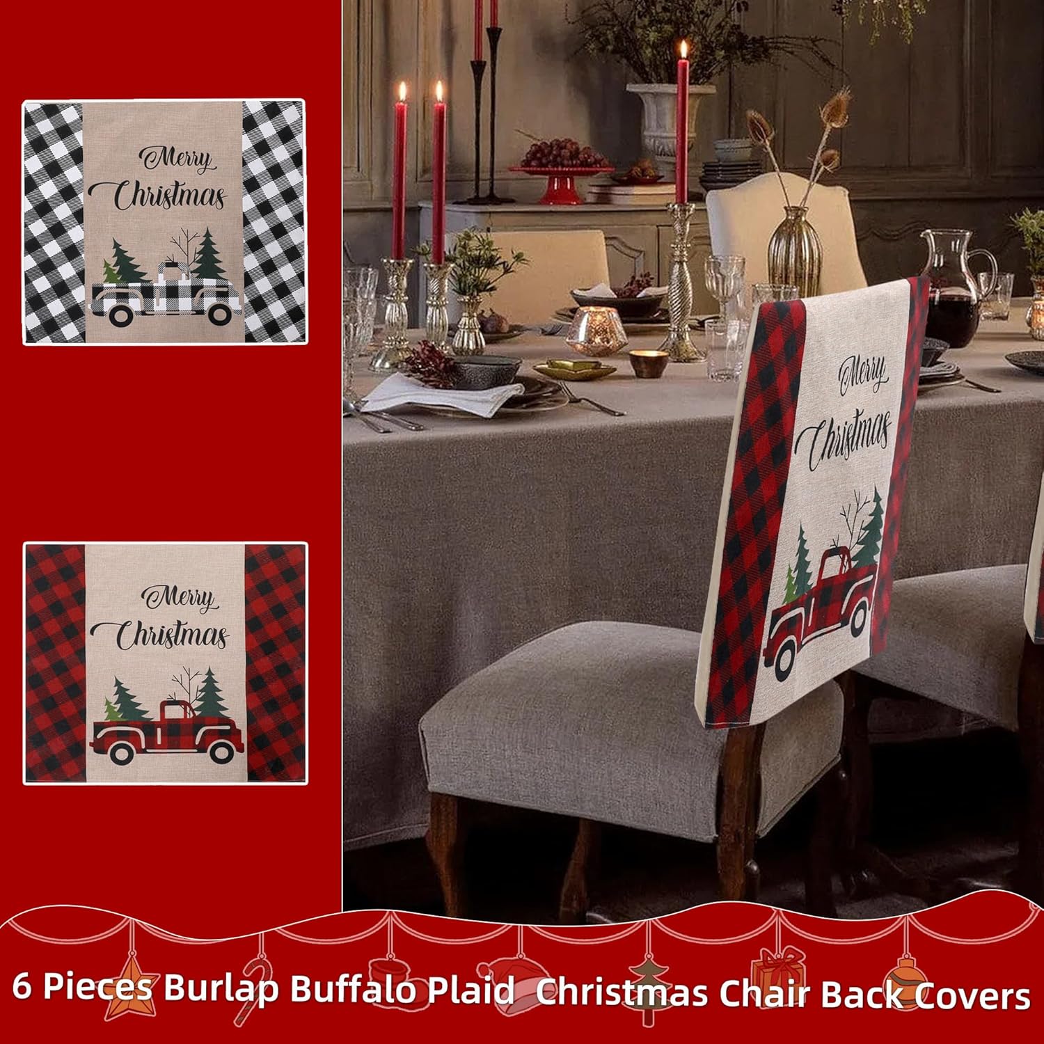 4 fundas para sillas de Navidad, de arpillera, búfalo, a cuadros, para automóvil, árbol de Navidad, decoración para Navidad, comedor, cocina,