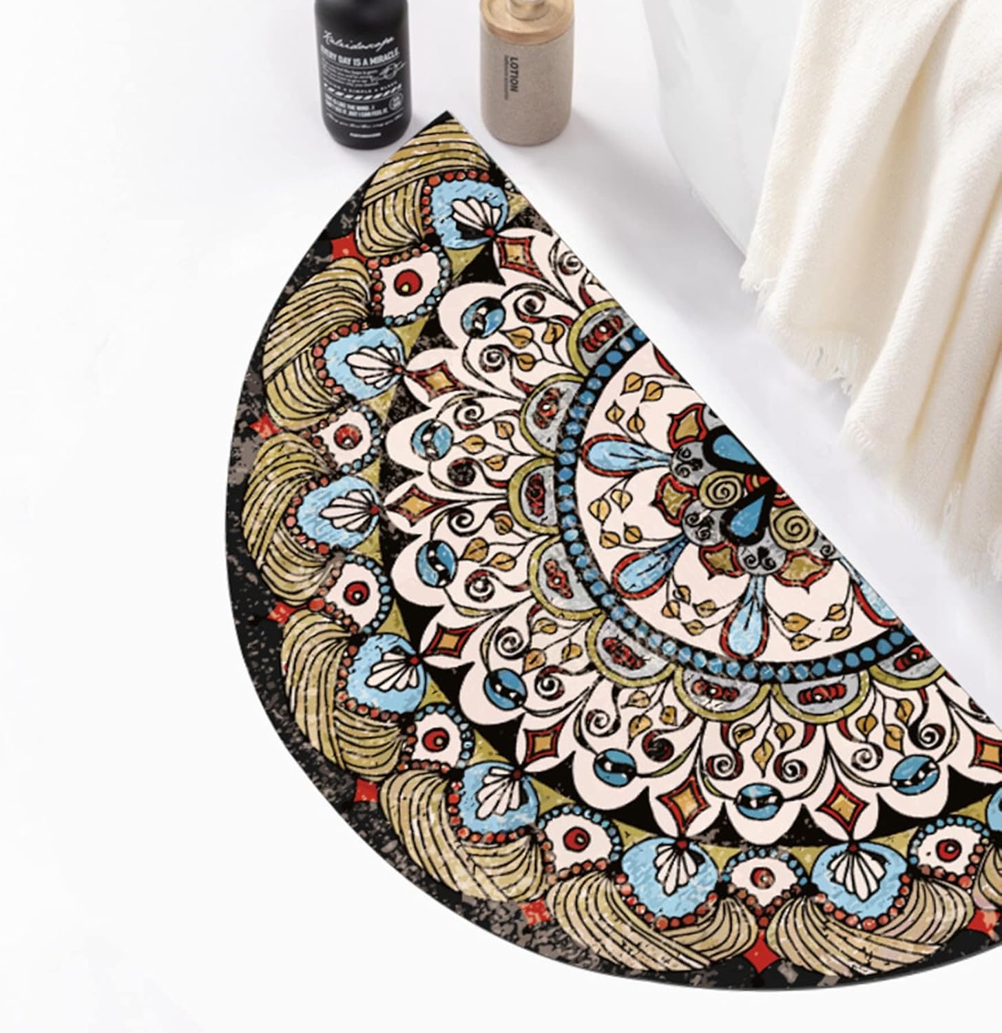 Tapete de baño delgado absorbente semicírculo, bohemio, bohemio, lavable a máquina, de secado rápido, multicolor, 24 x 36 pulgadas