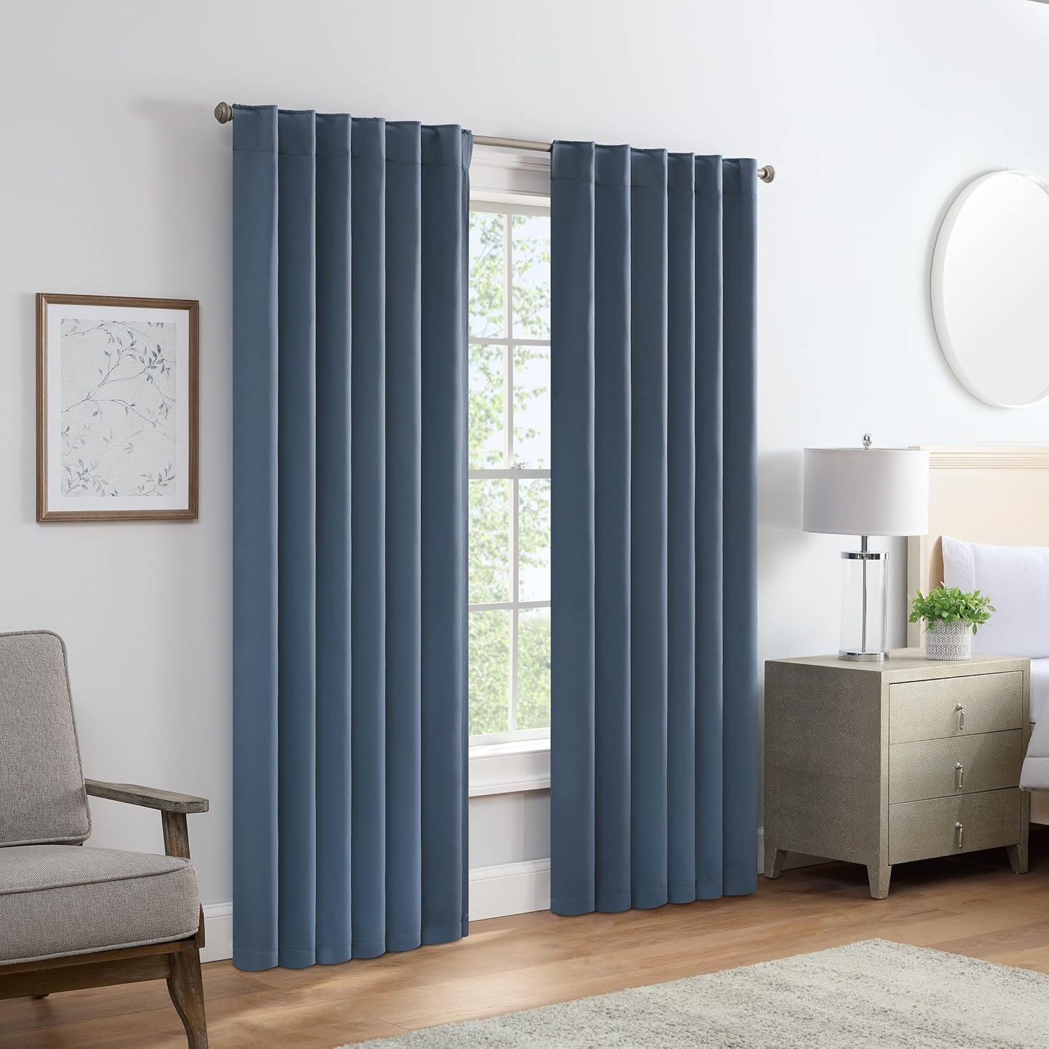 ECLIPSE Langley – Cortinas de triple tejido para oscurecimiento de habitaciones con bolsillo para cortinero (2 paneles), 52 x 63pulgadas, color azul