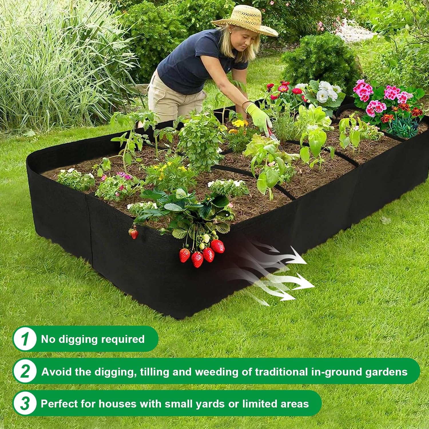 Paquete de 2 camas de jardín elevadas de tela de 128 galones, 8 rejillas, bolsas de cultivo de plantas de 6 x 3 x 1 pies para plantas al aire libre,