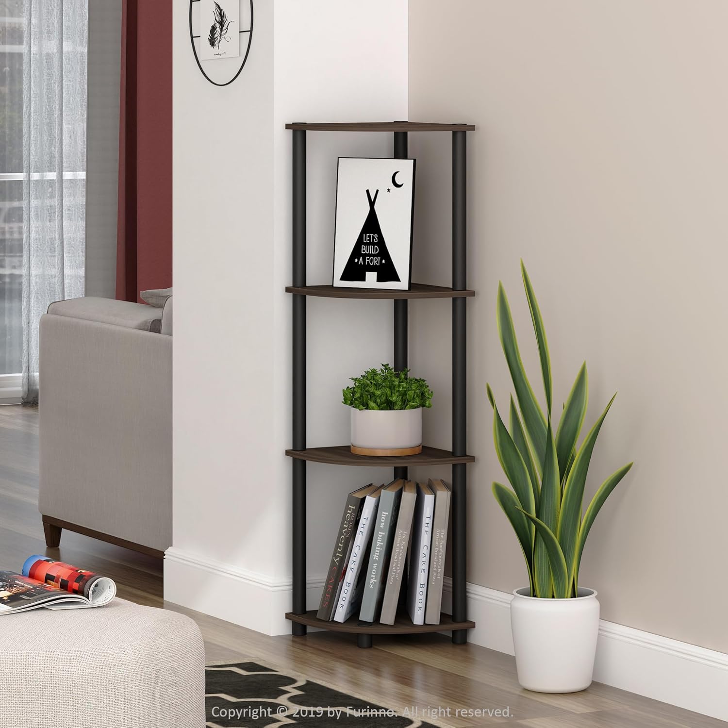Furinno – Turn-N-Tube – Estantería tubular esquinera multipropósito, 4 niveles, nogal Columbianegro