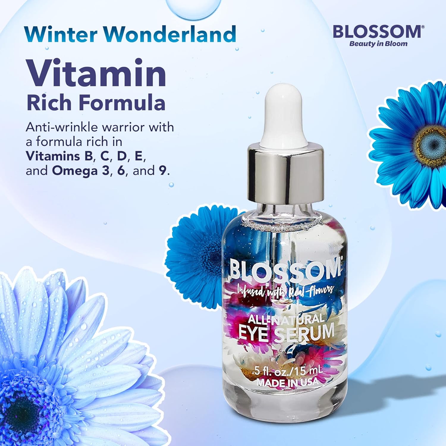 Blossom All Natural Organic – Suero hidratante para ojos sin crueldad animal con aceites esenciales, infundido con flores reales, fabricado en