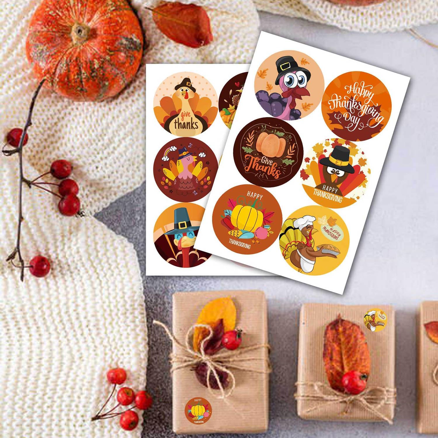 96 calcomanías de pavo de Acción de Gracias, etiquetas redondas para sellar sobres, etiquetas autoadhesivas de calabaza para el día de Acción de