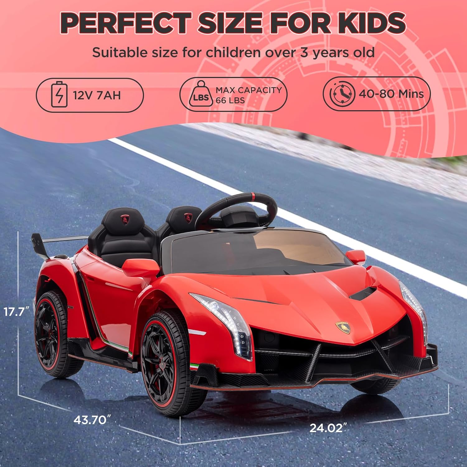 Lamborghini Veneno – Automóvil eléctrico de 12 V con licencia para niños con control remoto, 3 velocidades, puertas hidráulicas, faros LED, mecedora